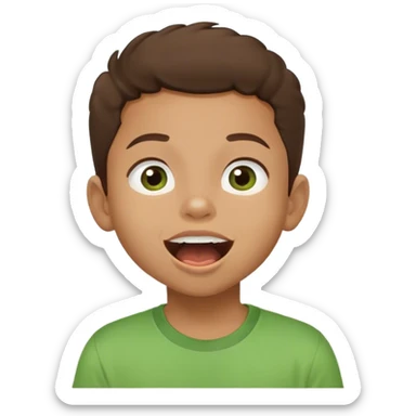 mulato kid with big eyes, brown hair, green t-shirt, mouth open, smiling, looking up sticker