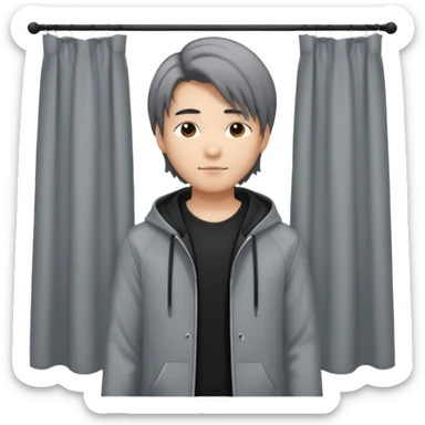 asian young man with long curtains style hair in grey jacket and black t-shirt sticker