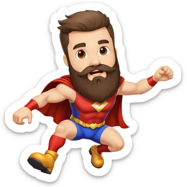 funny superhero with oversized beard tripping on his beard, clumsy superhero sticker