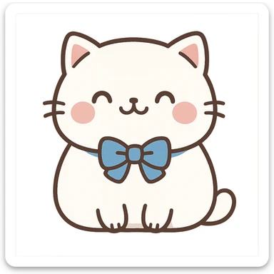 cute chubby cat with a blue bow, white fur, tiny paws, smiling face, kawaii style sticker