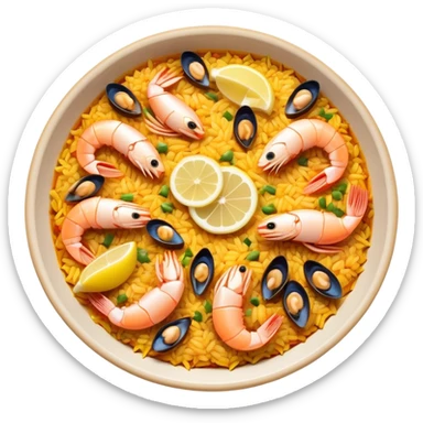 cinematic-realistic-paella-dish-emoji,-depicted-as-a-vibrant,-aromatic-rice-dish-loaded-with-seafood,-chicken,-and-saffron-rendered-with-rich-textures-and-dynamic,-warm-lighting with a lemon slice in the middle sticker