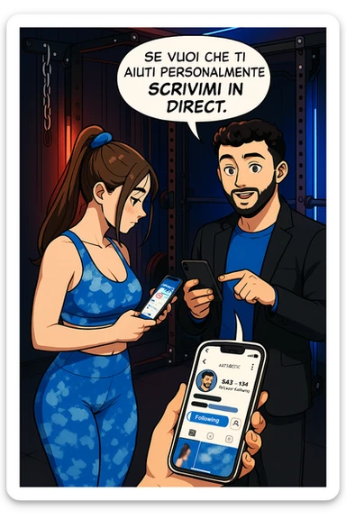 TRASFORMA QUESTO CAROSELLO IN UN FUMETTO STILE WEBTOON/MANGA A COLORI CON QUESTE DUE PERSONE IDENTICHE CHE INTERLOQUISCONO TRA LORO, L'UOMO MOSTRA UNO SMARTPHONE ALLA DONNA INDICANDOLO, E ANCHE LA DONNA HA LO SMARTPHONE IN MANO PER ANDARE A SEGUIRE IL SUO PROFILO INSTAGRAM:

LUI (UOMO): Se vuoi che ti aiuti personalmente
SCRIVIMI IN DIRECT sticker