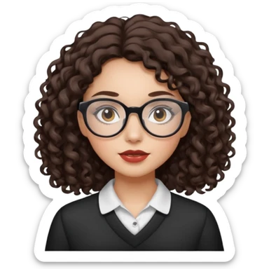 A dark brown curly-wavy hair girl with white glasses and clean girl makeup  sticker