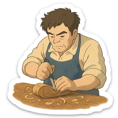 skilled artisan carving wood, ghibli style sticker