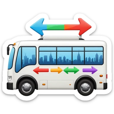 modern side-view bus with three colorful arrows pointing to city icons, Apple emoji style sticker