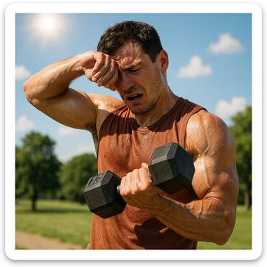 uomo fitness che si allena in estate, tutto sudato, con una mano fa un curl manubri mentre con l'altra mano si asciuga il sudore dalla fronte, espressione affaticata in volto sticker