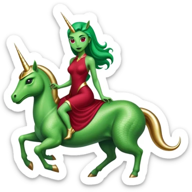 "reptilian green alien woman" in "long slim dark red dress", rides, "unicorn gold and white"
 sticker