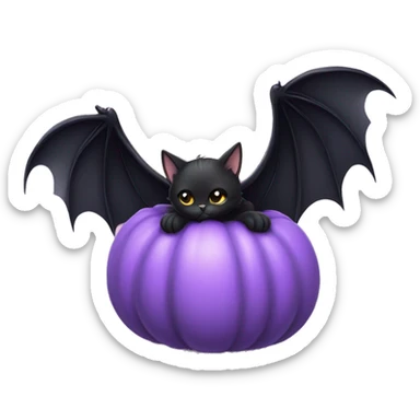 Cute black cat with bat wings sitting on a pumpkin holding a pastel Purple Heart sticker