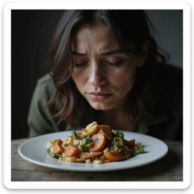 donna triste che mangia insalata, espressione triste, iperrealismo 4K, variazione 8 sticker