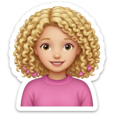 cheerful girl with curly blonde hair in a pink sweater sticker