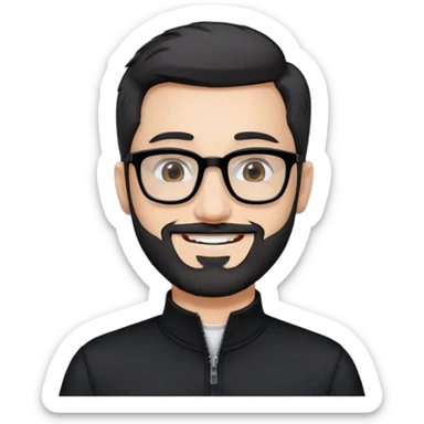 Fair-skinned man with short black hair styled upward, short graying beard, large black-framed glasses, smiling, wearing black long sleeve shirt with zip at neck sticker