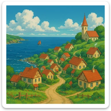 ghibli style coastal village scene sticker