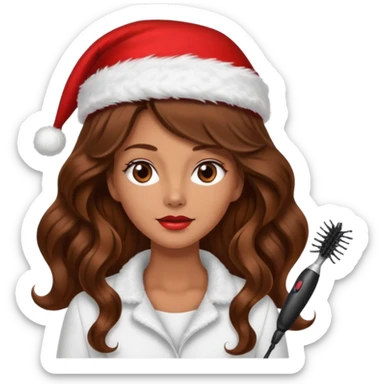 mujer peinandose en la peluqueria y con un gorro de navidad, cabello largo café y ondulado sticker