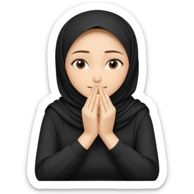  Hijabi girl sitting and hiding her face from her hands made into half open fists and completely covered her face.Her face is completely covered from his hands made in half open fists sticker
