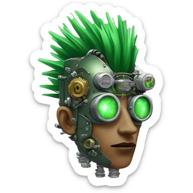 Green Mohawk cyborg head with grey steampunk goggles and circuitry sticker