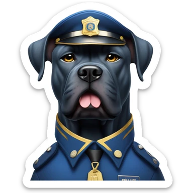 An angry Blue Cane Corso in a blue and gold police uniform hold in a club. sticker