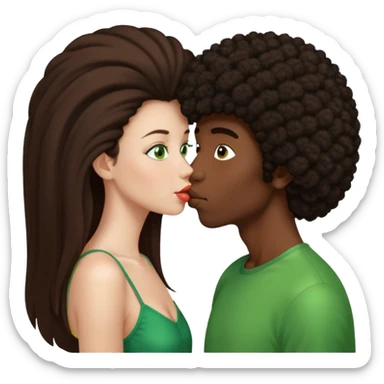 girl with long brown straight hair and green eyes kissing dark boy with afro and big nose sticker