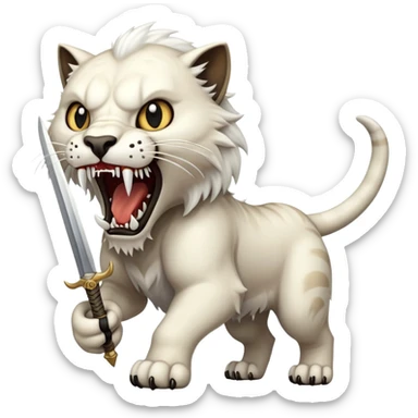 saber-toothed cat with absurdly long, sword-like canine teeth that are longer than its entire head, comically exaggerated fangs sticker