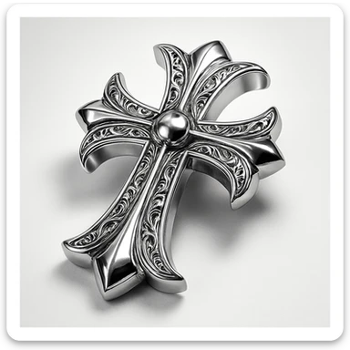 Chrome Hearts style cross, silver chrome, ornate gothic flourishes, high contrast, luxury accessory look sticker