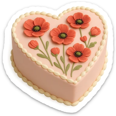 heart-shaped fondant cake with piped poppies sticker