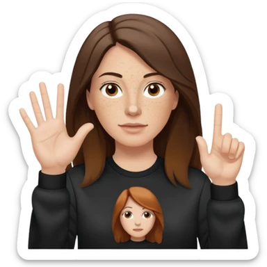 A 38 year old white woman with long brunette hair parted in the middle. She has her nose pierced. Her nose is medium sized. She has brown eyes. She has freckles and is wearing a black sweatshirt and is making the rock on sign with her hand sticker