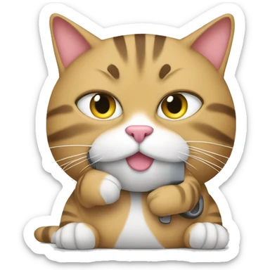 fat tabby cat working on a computer sticker