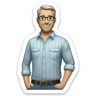 A middle-aged man with short dark hair and glasses, wearing a light blue striped shirt and jeans, standing casually with one hand in his pocket, smiling gently against a plain, neutral background. sticker