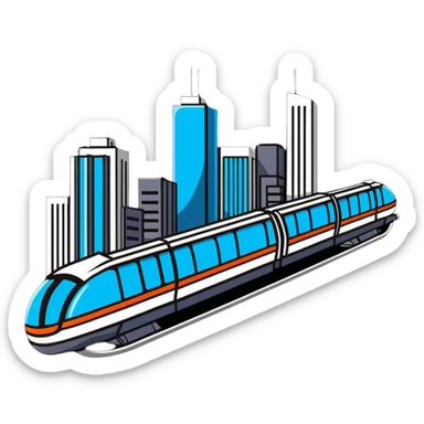Futuristic monorail train curving above a cityscape with tall buildings sticker