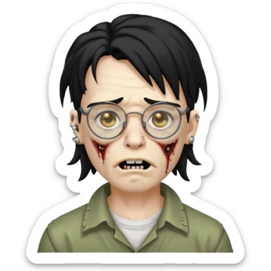 homem zumbi de óculos mullet piercing na boca piercing nas duas sobrancelhas duas orelhas giradas trágus esquerdo furado cabelo preto com muita olheira sticker