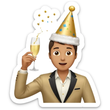 An energetic man throws his head back, drinking champagne loudly as the New Year begins. sticker