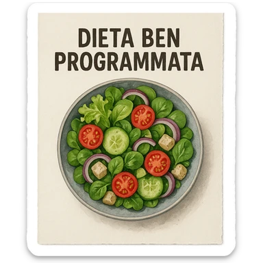 hyperrealistic 4K top view of a sheet of paper with an illustrated bowl of salad and the text 'DIETA BEN PROGRAMMATA', variation 8, no background sticker