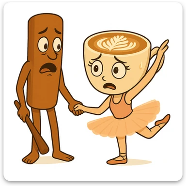 Keep the same quality and style as the reference image. Edit the coffee cup character to have a nervous expression and the cinnamon stick character to have a surprised expression. sticker