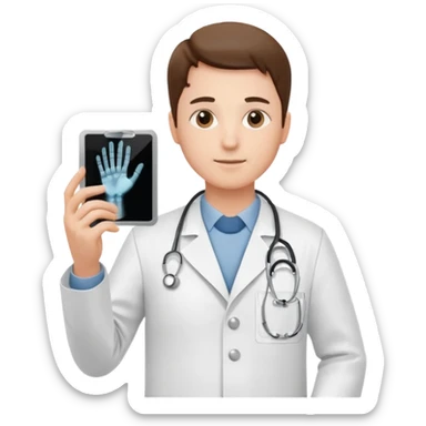 Radiografía de mano sostenida por un médico con bata  piel planta sticker