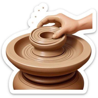 Cinematic Realistic image of a ceramic pottery wheel in action, with skilled hands shaping wet clay into a graceful form, featuring intricate details of swirling textures and gentle water splashes, illuminated by soft, artisanal lighting sticker