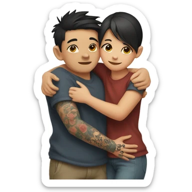 Cute girl hug Asian boy with tattoos on right arm sticker