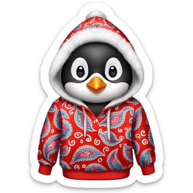 penguin wearing a red paisley pattern hoodie sticker