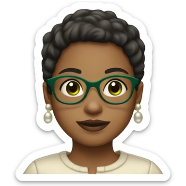 Girl with short dark hair, big green eyeglasses, pearl earrings sticker