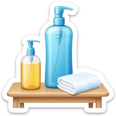 big (1L) bottle of shampoo, disposable gloves and cotton pads (for makeup) are standing on a table sticker