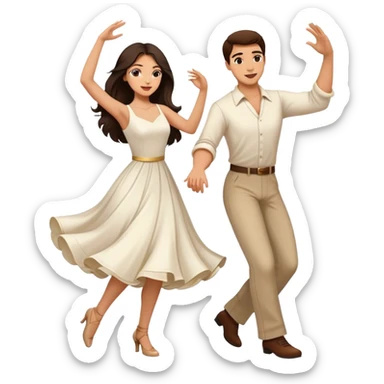 Beautiful woman in 1950’s woman fashion look, white dress, long dark brown hair, balboa couple dance  sticker