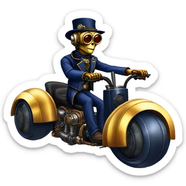 C-3PO wearing a pair of navy-blue rimmed steampunk goggles, hat, leather chaps, fringe jacket riding a fast 3 wheeler trike steampunk motorcycle on ice  sticker