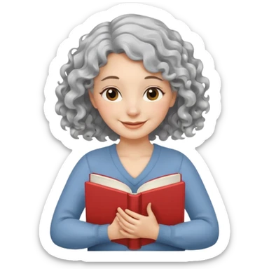 Silver hair, wavy/curly hair chin-length lady giving hug with 2 arms,  v-neck and smiling, add a favorite book sticker