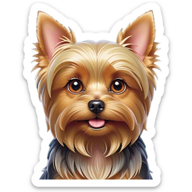 Cinematic Cute Yorkshire Terrier Portrait Emoji, Head perked with bright, twinkling eyes and a perky expression, showcasing a soft, silky fur in rich hues, simplified yet adorably detailed, glowing with a cheerful, inviting glow, high shine, exuding playful intelligence and spunky charm, styled with a gentle, whimsical outline, capturing the essence of a cute Yorkshire Terrier that appears ready to frolic off the screen with irresistible energy! sticker