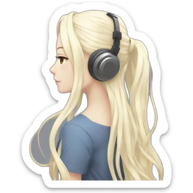 anime girl from behind with headphones on toes and white long hair sticker