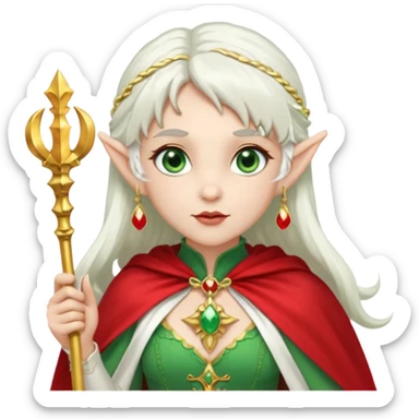 an elf with very white hair and two long ponytails on the side of her head, she has a curtain bang, green eyes, she has a white cape with golden borders and a scepter with a red orb, she has earrings that look like red drops sticker