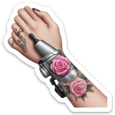White girl hand with pink tattoos holding a tattoo machine sticker