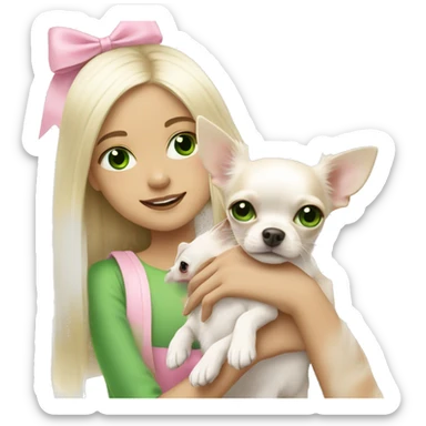 pale blond girl with long platinum hair with green eyes holding a white chihuahua puppy that wearing a pink bow sticker