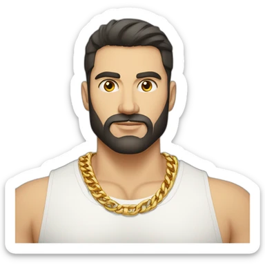 Russian strong man aged 30 wearing gold chain with black hair and short beard sticker