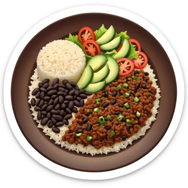 Food plate with rice, black bean, minced meat and salad sticker