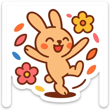 pale brown bunny spinning with flower petals around, vibrant-toon style sticker