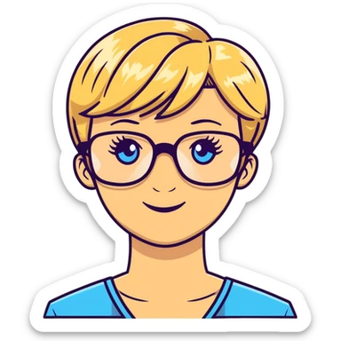 blonde teacher with pixie haircut, gold glasses, blue eyes, big eyelashes, nice smile sticker